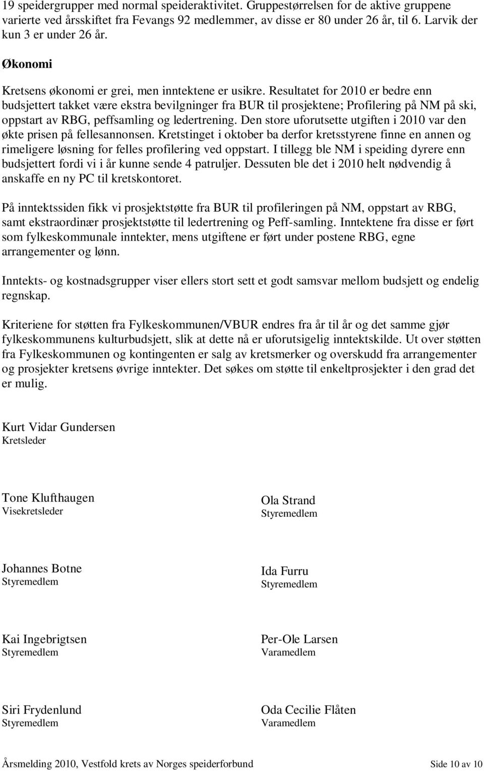 Resultatet for 2010 er bedre enn budsjettert takket være ekstra bevilgninger fra BUR til prosjektene; Profilering på NM på ski, oppstart av RBG, peffsamling og ledertrening.