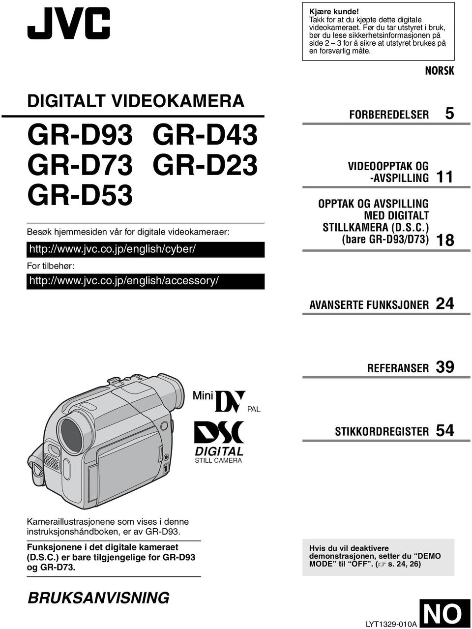 jp/english/cyber/ For tilbehør: http://www.jvc.co.jp/english/accessory/ FORBEREDELSER 5 VIDEOOPPTAK OG -AVSPILLING 11 OPPTAK OG AVSPILLING MED DIGITALT STILLKAMERA (D.S.C.