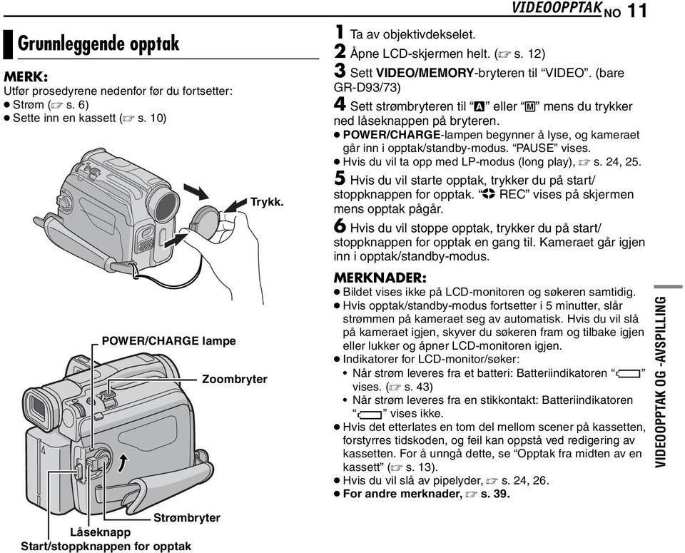 POWER/CHARGE-lampen begynner å lyse, og kameraet går inn i opptak/standby-modus. PAUSE vises. Hvis du vil ta opp med LP-modus (long play), s. 24, 25.