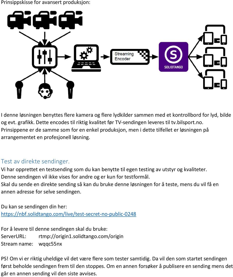 Prinsippene er de samme som for en enkel produksjon, men i dette tilfellet er løsningen på arrangementet en profesjonell løsning. Test av direkte sendinger.