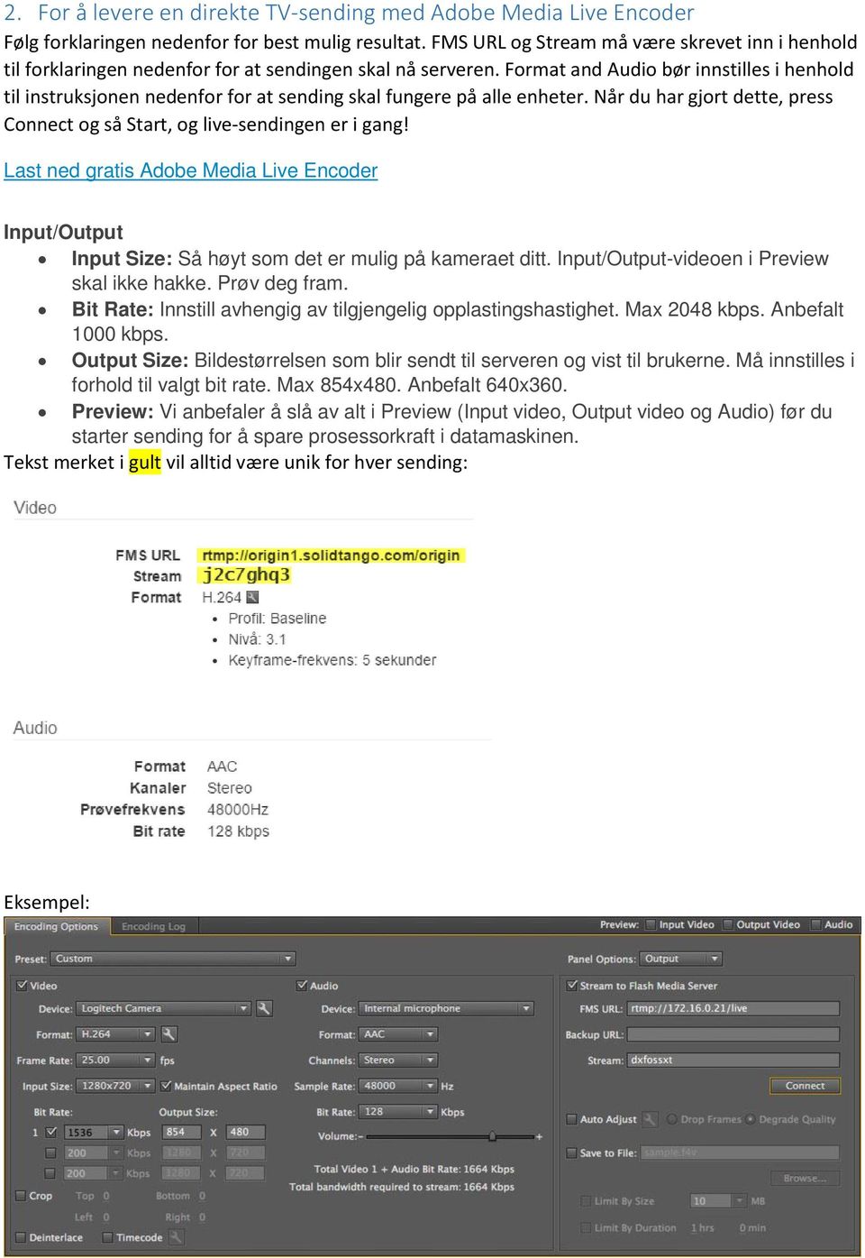 Format and Audio bør innstilles i henhold til instruksjonen nedenfor for at sending skal fungere på alle enheter. Når du har gjort dette, press Connect og så Start, og live-sendingen er i gang!