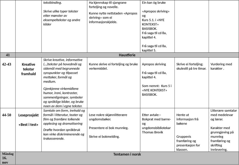 41 Haustferie 42-43 Kreative Kunne skrive ei forteljing bruke verkemiddel. framhald synspunkter tilpasset 44-50 Leseprosjekt Måndag 16.