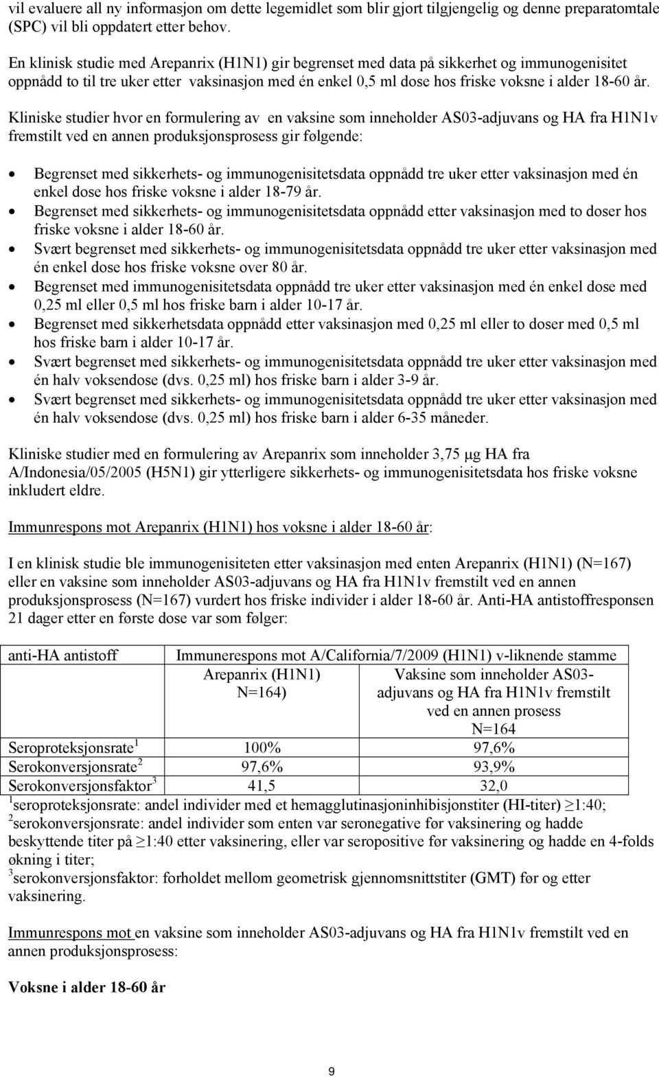 Kliniske studier hvor en formulering av en vaksine som inneholder AS03-adjuvans og HA fra H1N1v fremstilt ved en annen produksjonsprosess gir følgende: Begrenset med sikkerhets- og