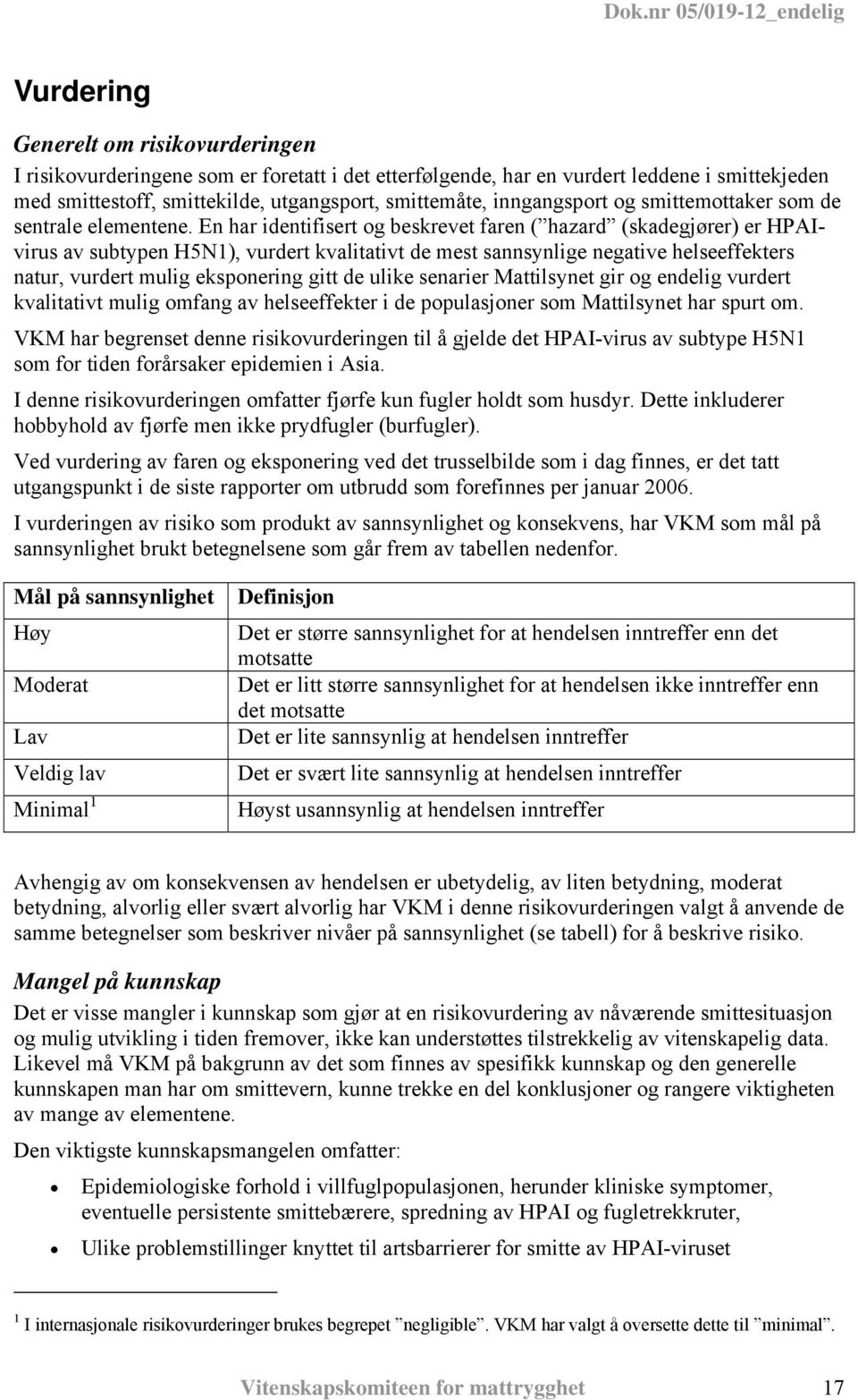 En har identifisert og beskrevet faren ( hazard (skadegjører) er HPAIvirus av subtypen H5N1), vurdert kvalitativt de mest sannsynlige negative helseeffekters natur, vurdert mulig eksponering gitt de