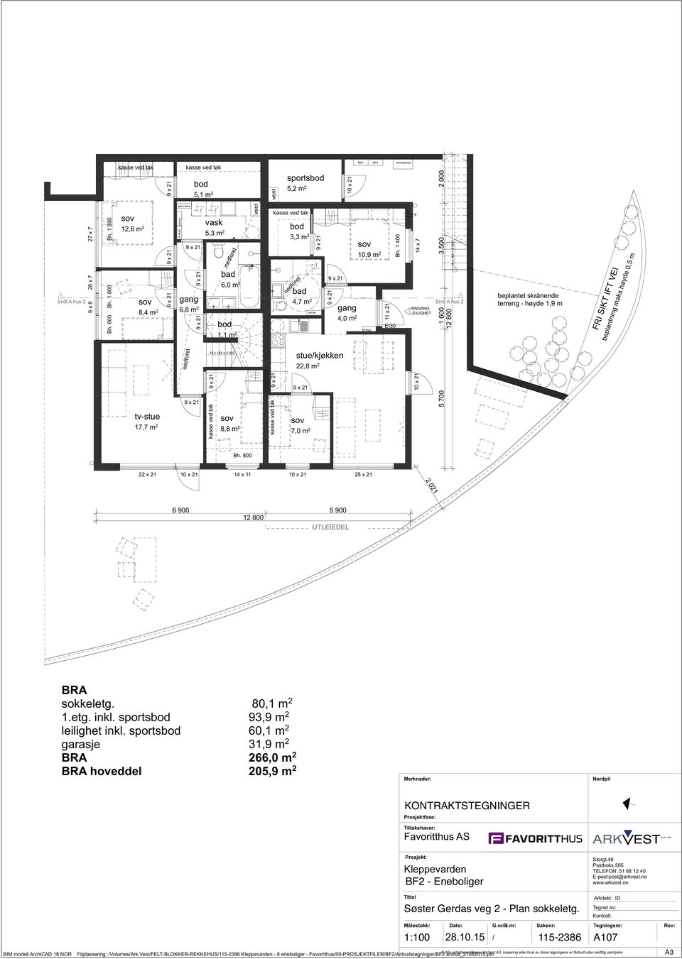 600 16 x 184 = 2 950 11 x 21 rekkverk 12,6 m 2 8,4 m 2 gulvvarme el-skap rør/rør 6,8 m 2 bod 5,1 m 2 vask 5,3 m 2 6,0 m 2 bod 1,1 m 2 sportsbod 5,2 m 2 bod 3,3 m 2 4,7 m 2 10,9 m 2 Snitt A hus 2