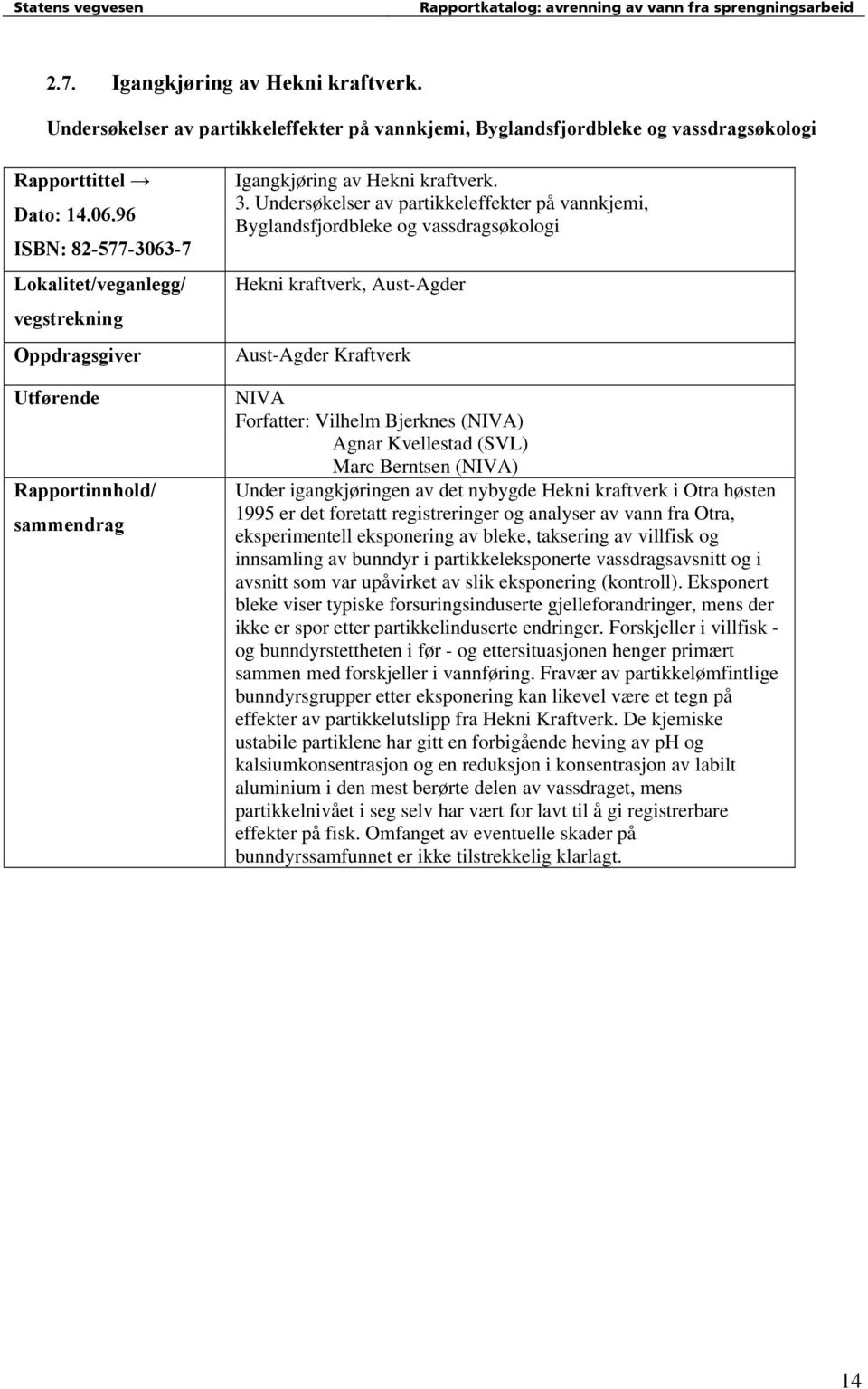 Berntsen () Under igangkjøringen av det nybygde Hekni kraftverk i Otra høsten 1995 er det foretatt registreringer og analyser av vann fra Otra, eksperimentell eksponering av bleke, taksering av