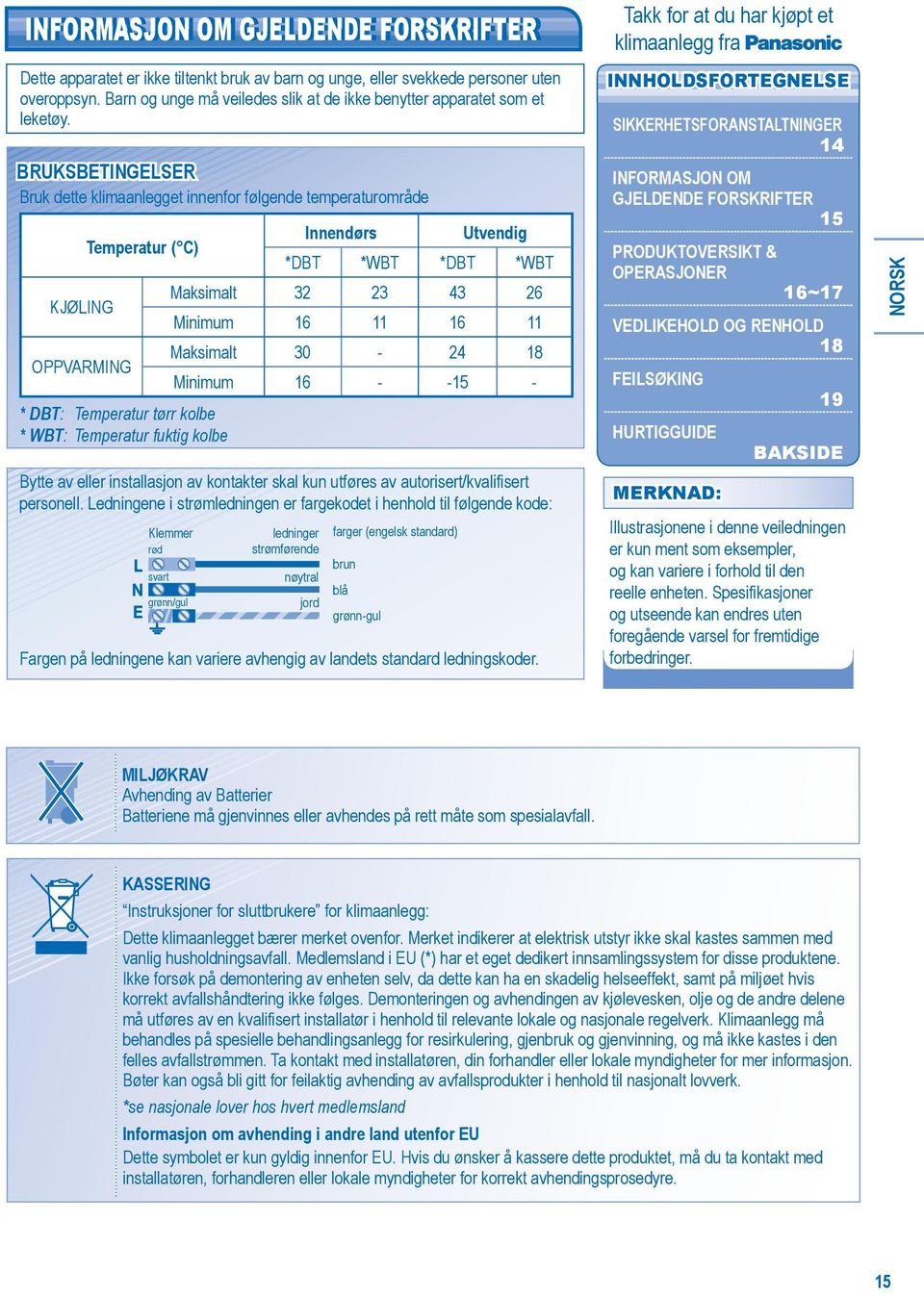 BRUKSBETINGELSER Bruk dette klimaanlegget innenfor følgende temperaturområde Temperatur ( C) Innendørs Utvendig *DBT *WBT *DBT *WBT KJØLING Maksimalt 32 23 43 26 Minimum 16 11 16 11 OPPVARMING