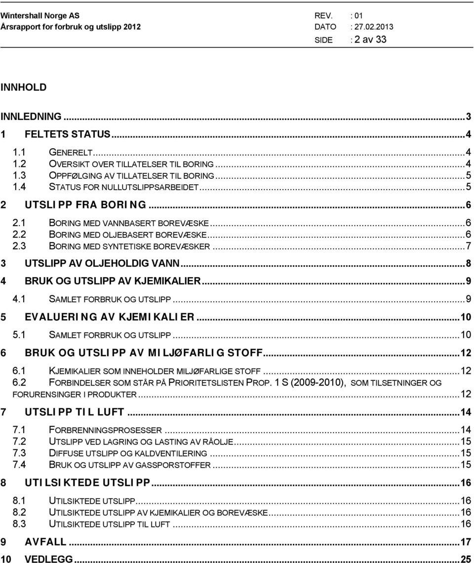 .. 7 3 UTSLIPP AV OLJEHOLDIG VANN... 8 4 BRUK OG UTSLIPP AV KJEMIKALIER... 9 4.1 SAMLET FORBRUK OG UTSLIPP... 9 5 EVALUERING AV KJEMIKALIER... 10 5.1 SAMLET FORBRUK OG UTSLIPP... 10 6 BRUK OG UTSLIPP AV MILJØFARLIG STOFF.