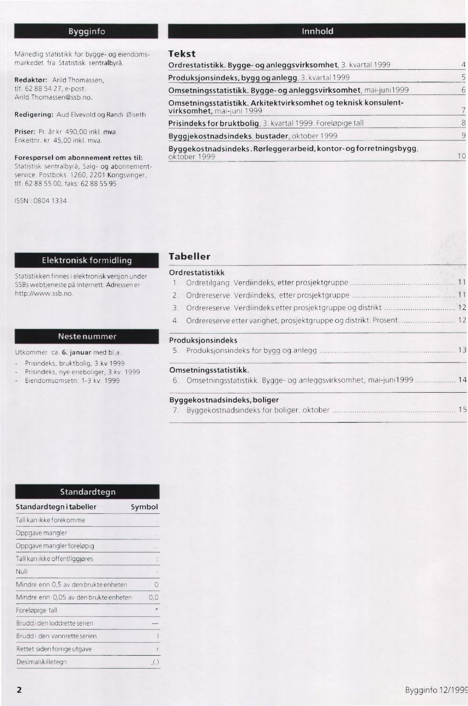 Postboks 1260, 2201 Kongsvinger, tlf. 62 88 55 00, faks: 62 88 55 95 Innhold Tekst Ord restatistikk. Bygge- og anleggsvirksomhet, 3. kvartal 1999 4 Produksjonsindeks, bygg og anlegg, 3.