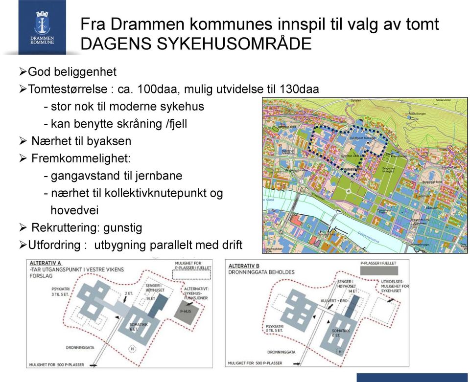 100daa, mulig utvidelse til 130daa - stor nok til moderne sykehus - kan benytte skråning