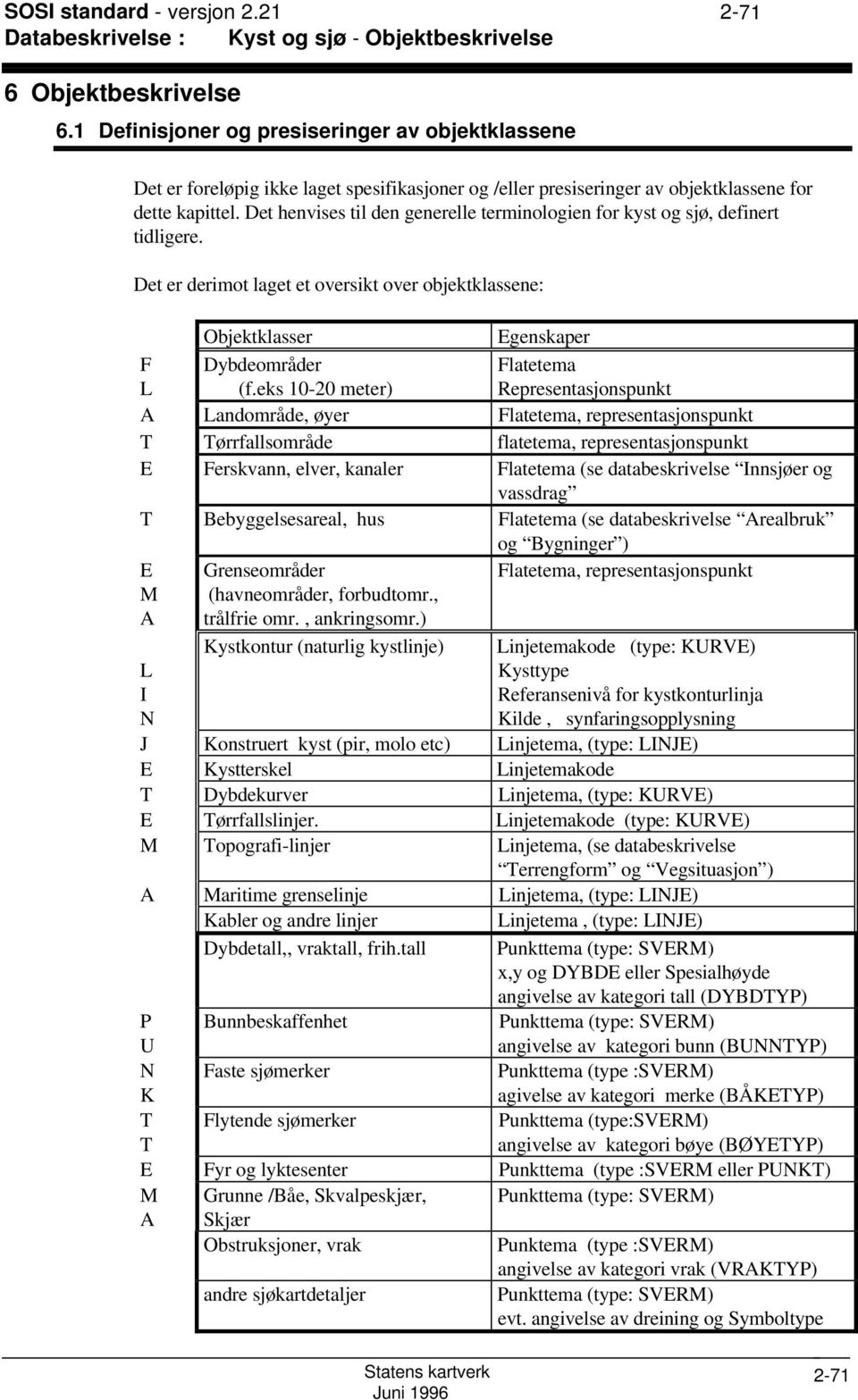 Det henvises til den generelle terminologien for kyst og sjø, definert tidligere. Det er derimot laget et oversikt over objektklassene: Objektklasser Egenskaper F L Dybdeområder (f.