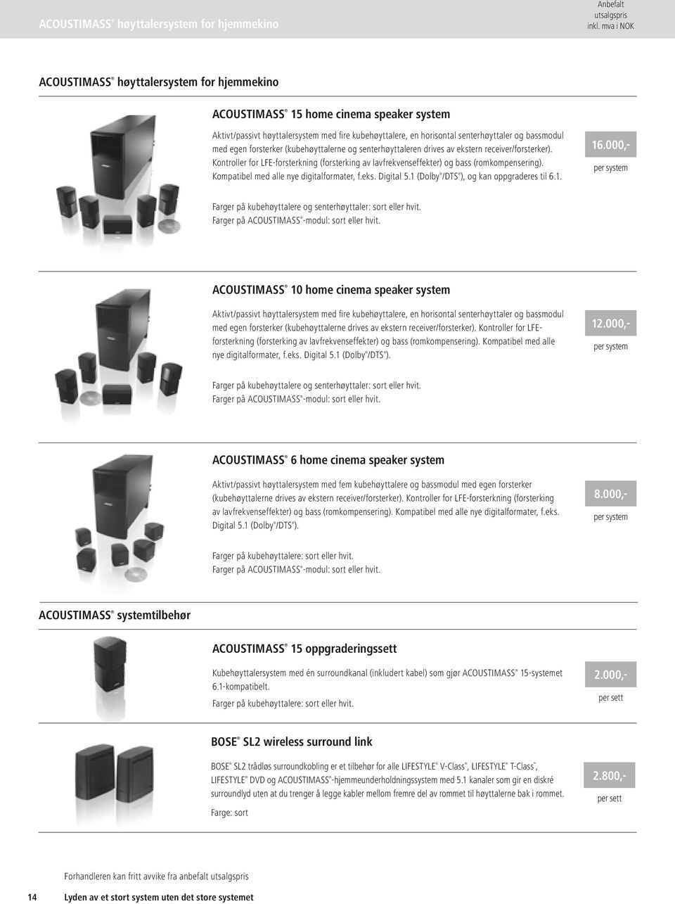 Kontroller for LFE-forsterkning (forsterking av lavfrekvenseffekter) og bass (romkompensering). Kompatibel med alle nye digitalformater, f.eks. Digital 5.1 