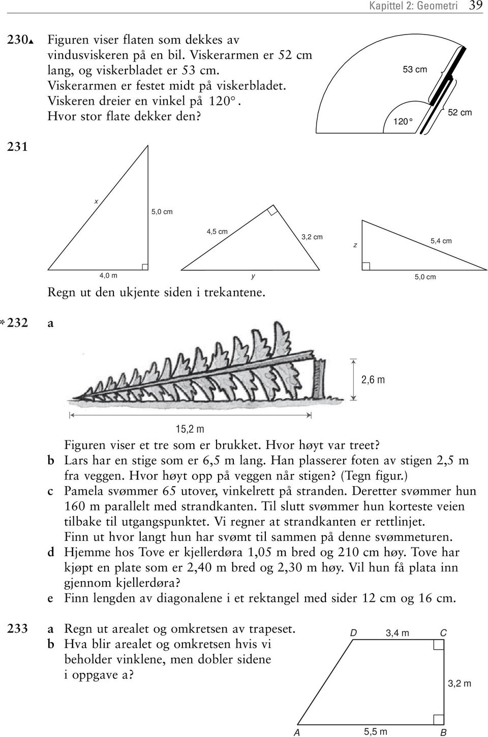 5,0 cm * 232 2,6 m c d e 15,2 m Figuren viser et tre som er rukket. Hvor høyt vr treet? Lrs hr en stige som er 6,5 m lng. Hn plsserer foten v stigen 2,5 m fr veggen.