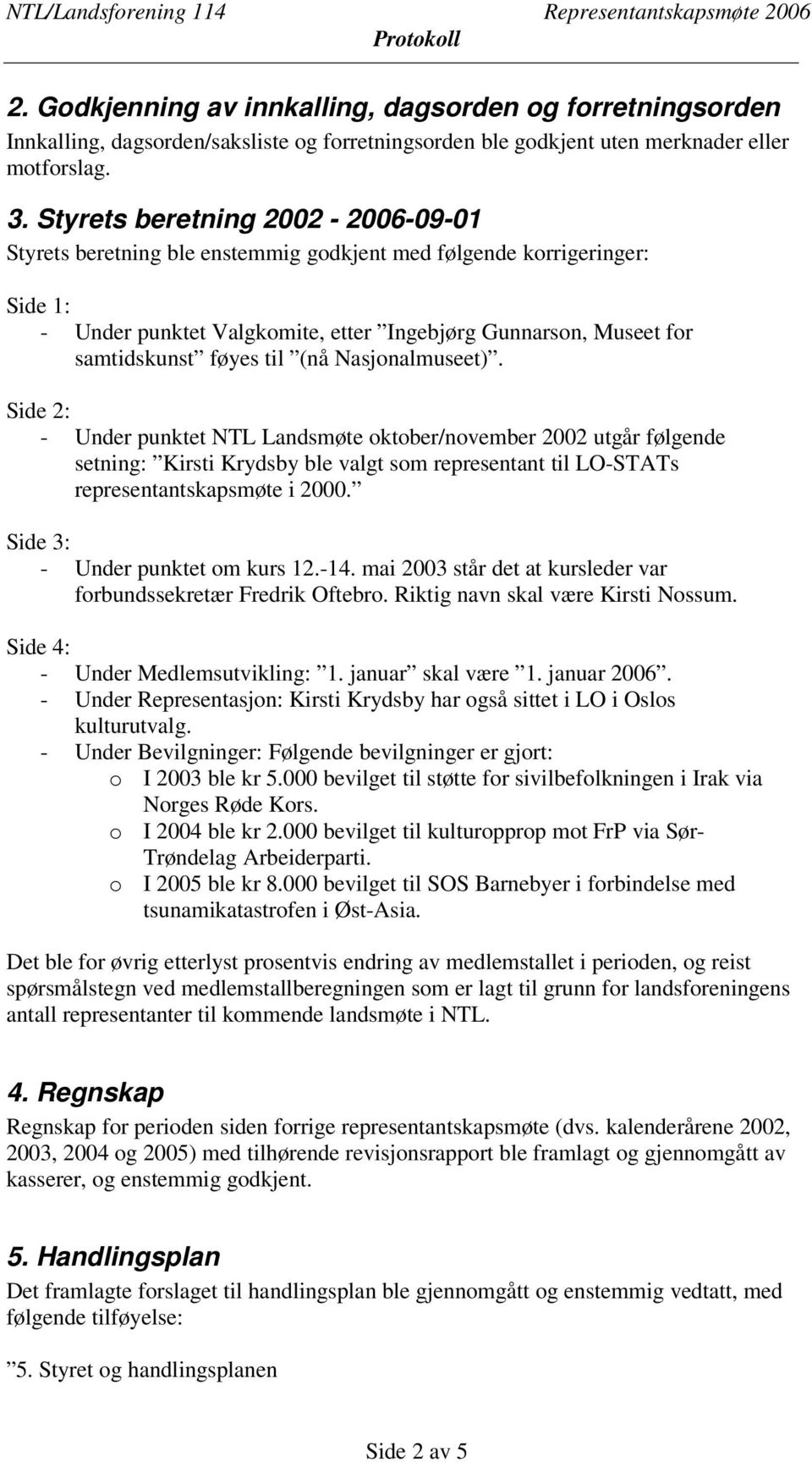 (nå Nasjonalmuseet). Side 2: - Under punktet NTL Landsmøte oktober/november 2002 utgår følgende setning: Kirsti Krydsby ble valgt som representant til LO-STATs representantskapsmøte i 2000.
