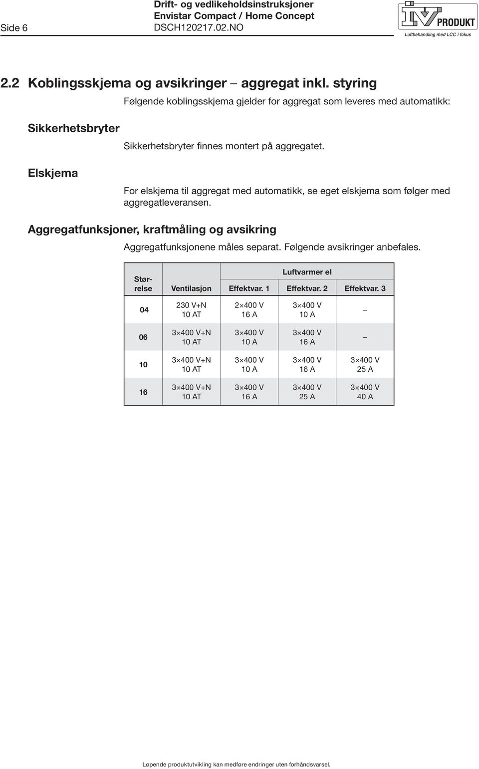 For elskjema til aggregat med automatikk, se eget elskjema som følger med aggregatleveransen.