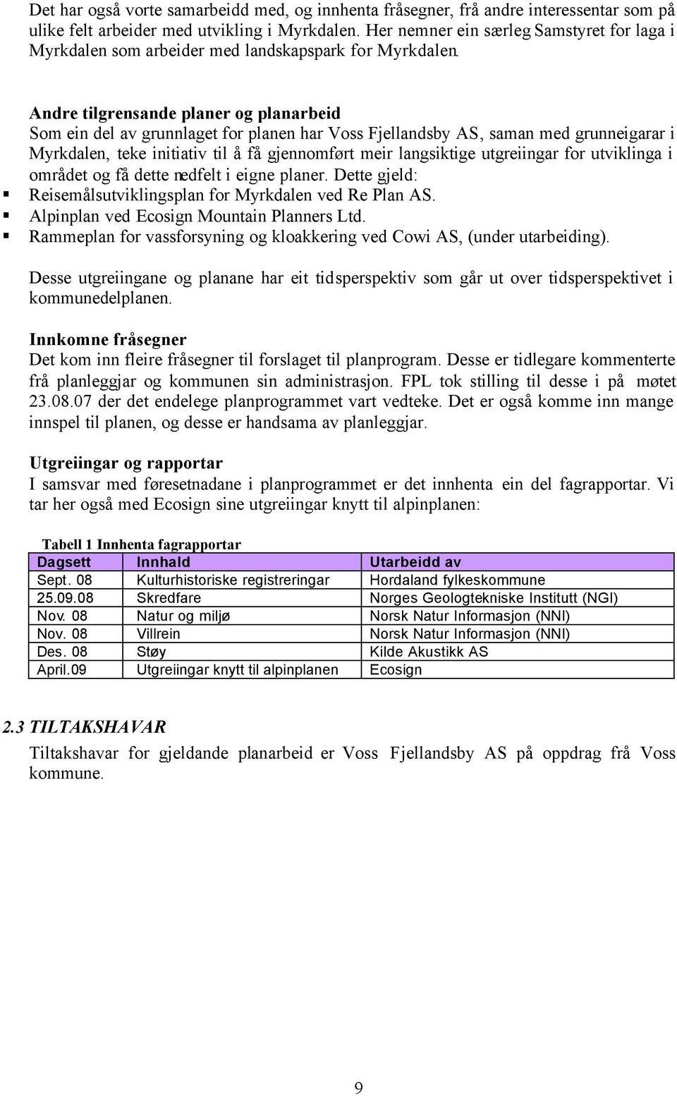 Andre tilgrensande planer og planarbeid Som ein del av grunnlaget for planen har Voss Fjellandsby AS, saman med grunneigarar i Myrkdalen, teke initiativ til å få gjennomført meir langsiktige