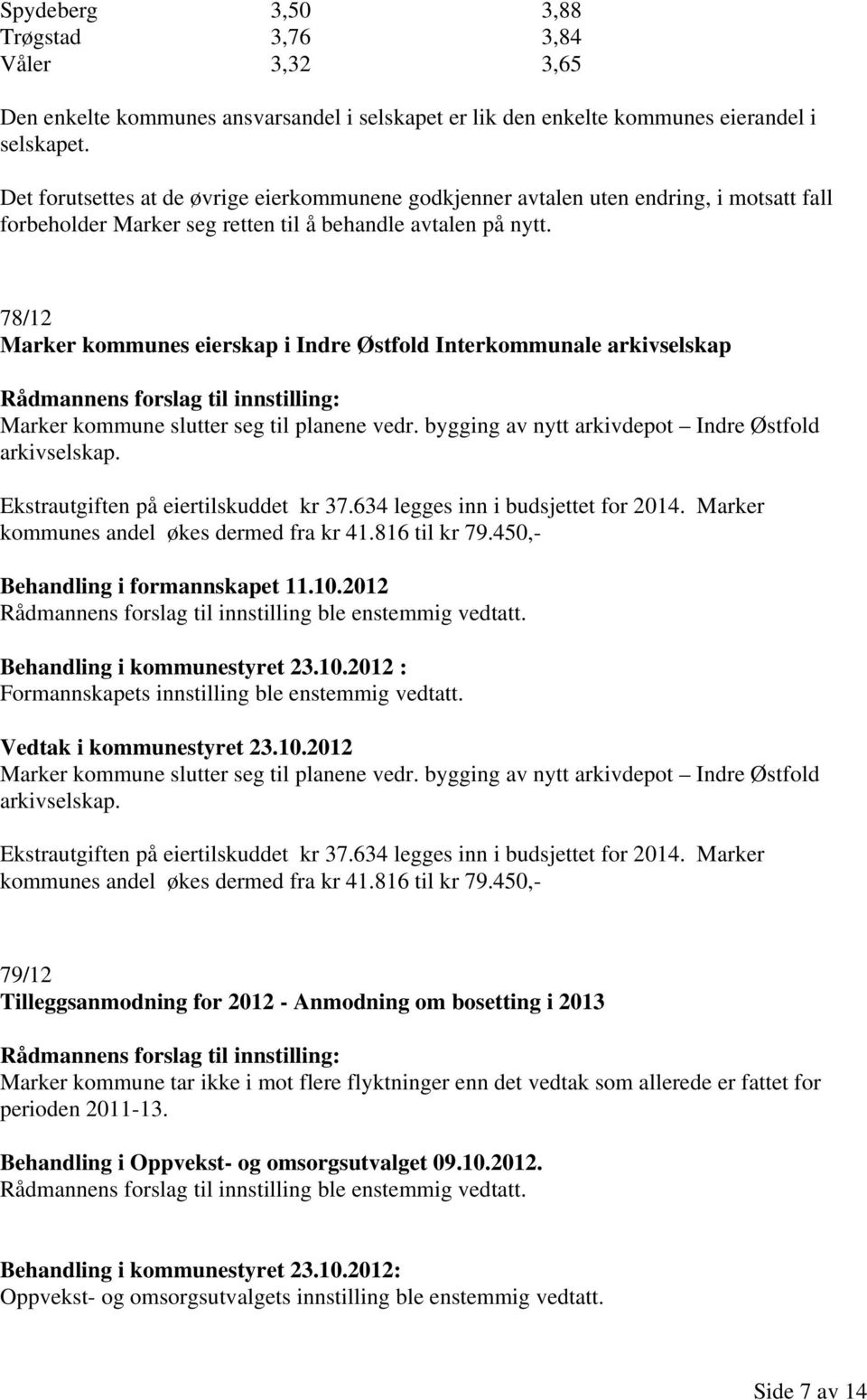 78/12 Marker kommunes eierskap i Indre Østfold Interkommunale arkivselskap Marker kommune slutter seg til planene vedr. bygging av nytt arkivdepot Indre Østfold arkivselskap.