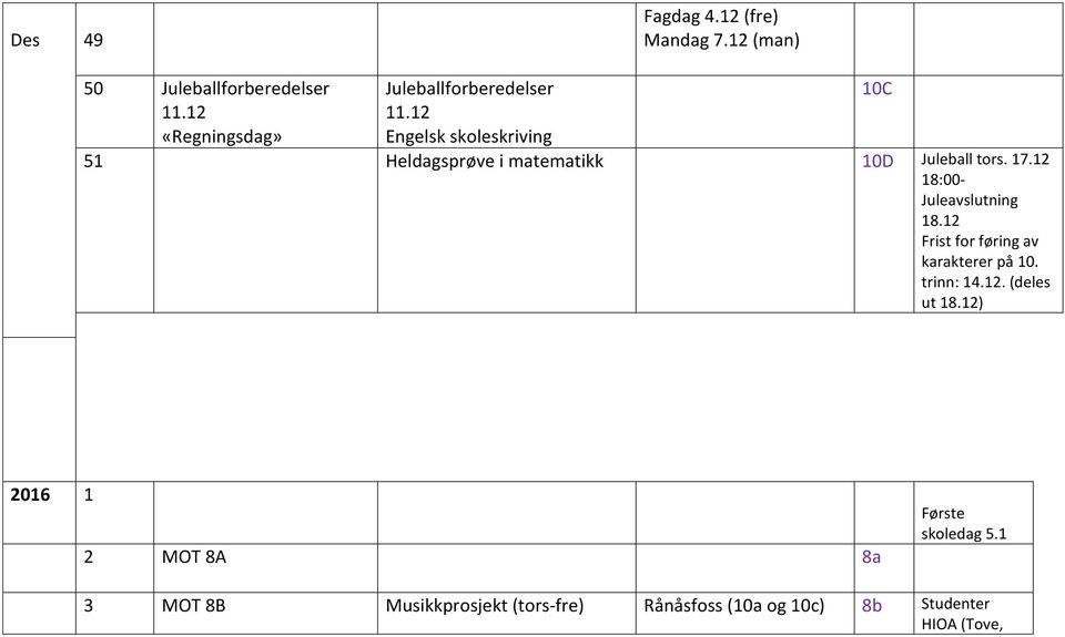 12 Engelsk skoleskriving 51 Heldagsprøve i matematikk 10D Juleball tors. 17.