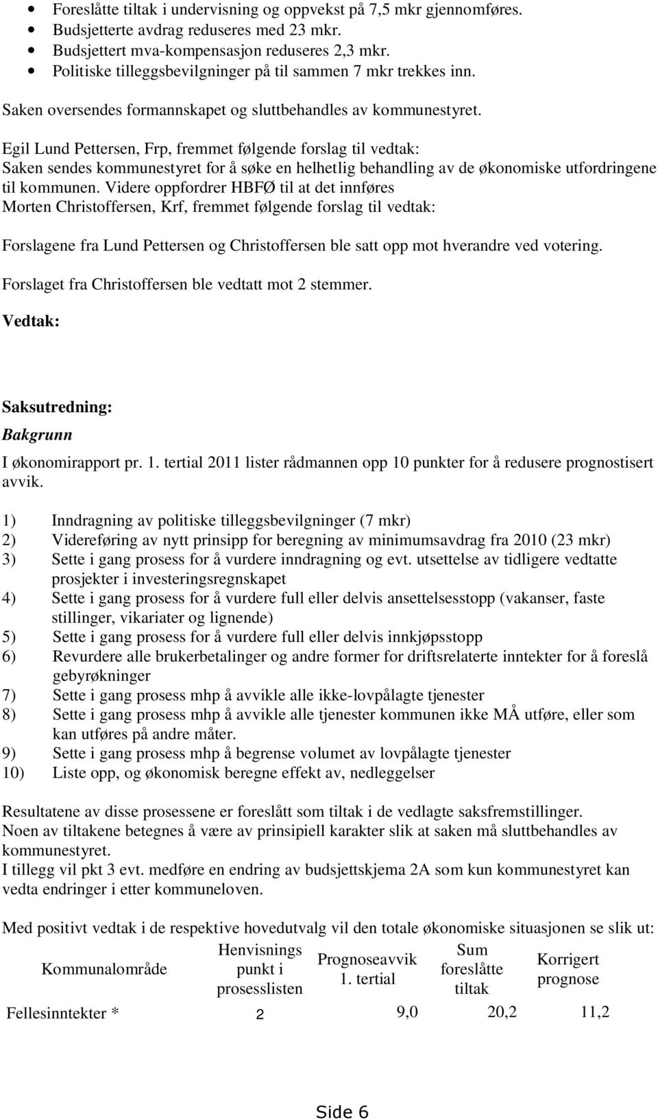 Egil Lund Pettersen, Frp, fremmet følgende forslag til vedtak: Saken sendes kommunestyret for å søke en helhetlig behandling av de økonomiske utfordringene til kommunen.