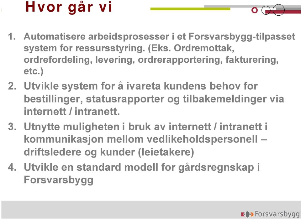 Utvikle system for å ivareta kundens behov for bestillinger, statusrapporter og tilbakemeldinger via internett / intranett. 3.