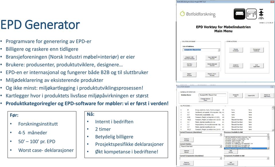 produktutviklingsprosessen! Kartlegger hvor i produktets livsfase miljøpåvirkningen er størst Produktkategoriregler og EPD-software for møbler: vi er først i verden!