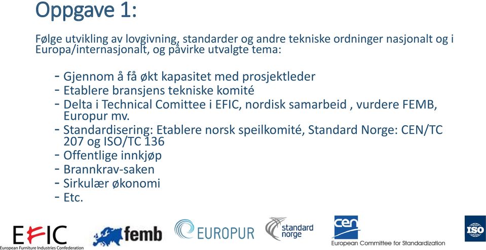 bransjens tekniske komité - Delta i Technical Comittee i EFIC, nordisk samarbeid, vurdere FEMB, Europur mv.