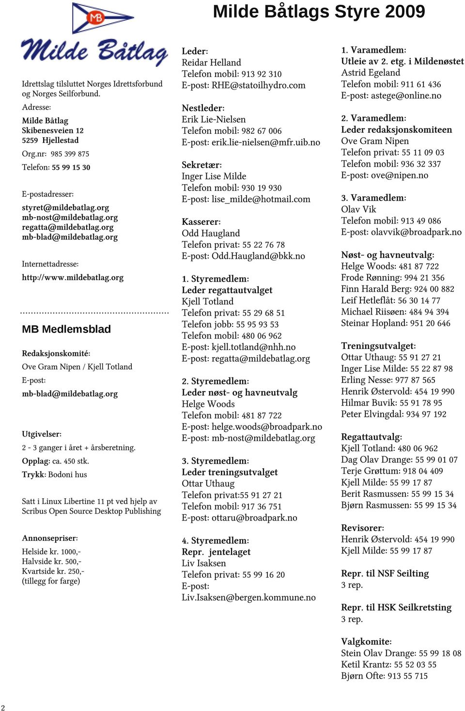 org Utgivelser: 2-3 ganger i året + årsberetning. Opplag: ca. 45 stk. Trykk: Bodoni hus Satt i Linux Libertine 11 pt ved hjelp av Scribus Open Source Desktop Publishing Annonsepriser: Helside kr.