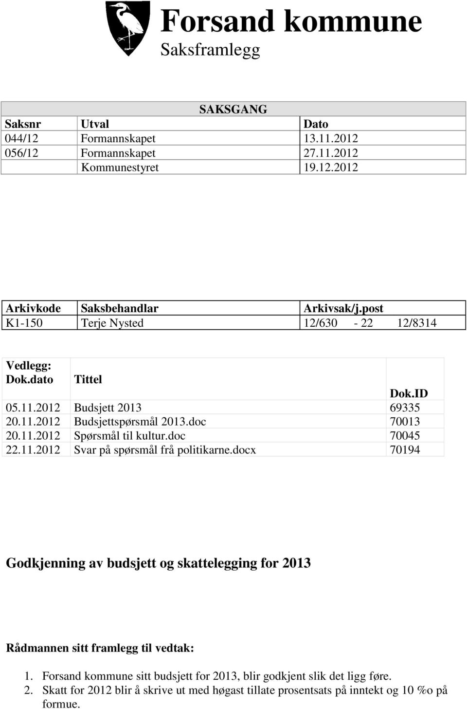 doc 70045 22.11.2012 Svar på spørsmål frå politikarne.docx 70194 Godkjenning av budsjett og skattelegging for 2013 Rådmannen sitt framlegg til vedtak: 1.