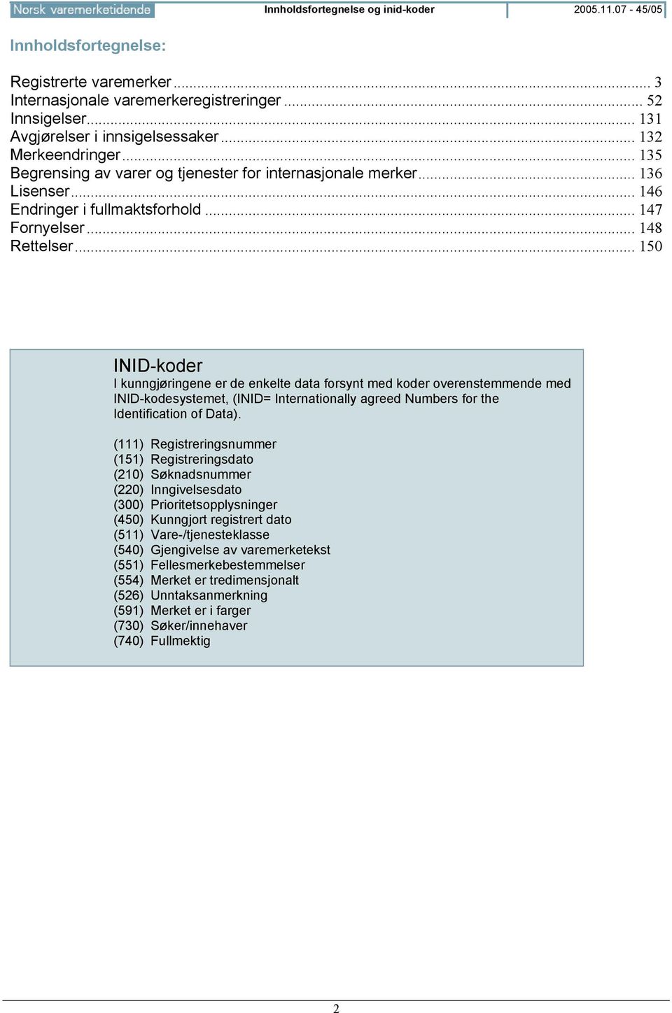 .. 150 INID-koder I kunngjøringene er de enkelte data forsynt med koder overenstemmende med INID-kodesystemet, (INID= Internationally agreed Numbers for the Identification of Data).