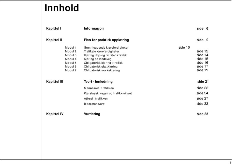 kjøring i trafikk side 16 Modul 6 Obligatorisk glattkjøring side 17 Modul 7 Obligatorisk mørkekjøring side 19 Kapittel III Teori - Innledning side