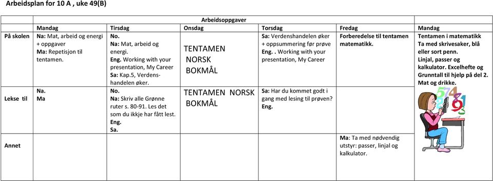 5, Verdens- handelen øker. No. Na: Skriv alle Grønne ruter s. 80-91. Les det som du ikkje har fått lest. Eng. Sa. RSK BOKMÅL RSK BOKMÅL Sa: Har du kommet godt i gang med lesing til prøven? Eng. Ma: Ta med nødvendig utstyr: passer, linjal og kalkulator.