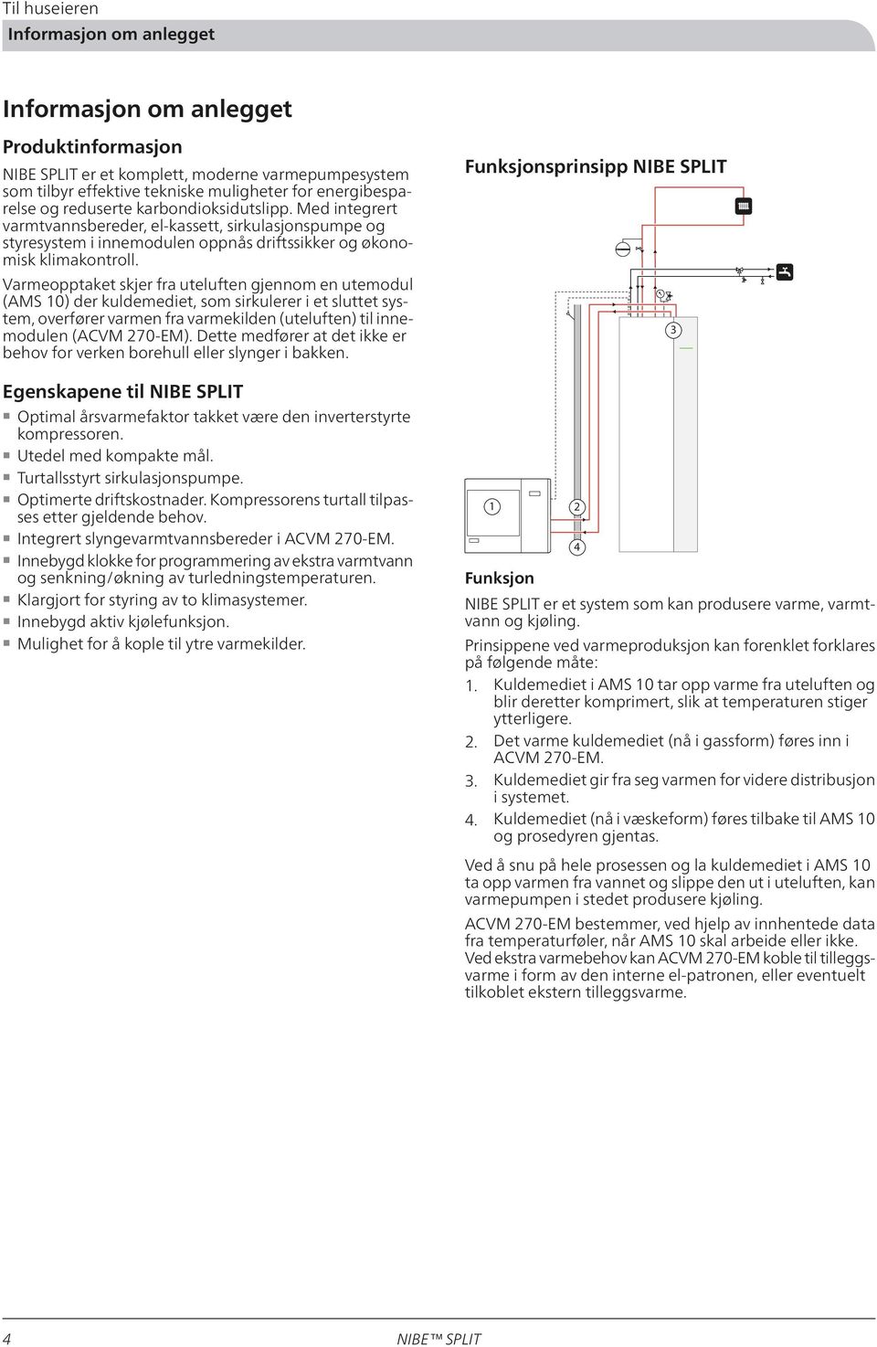 Varmeopptaket skjer fra uteluften gjennom en utemodul (AMS 10) der kuldemediet, som sirkulerer i et sluttet system, overfører varmen fra varmekilden (uteluften) til innemodulen (ACVM 270-EM).