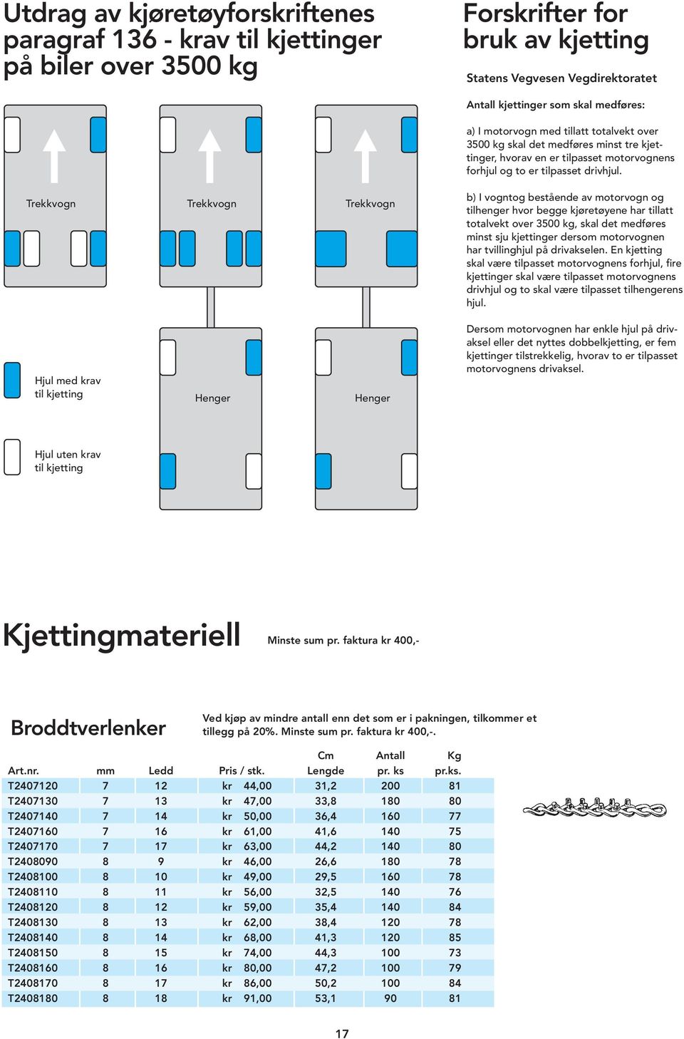 Trekkvogn Trekkvogn Trekkvogn b) I vogntog bestående av motorvogn og tilhenger hvor begge kjøretøyene har tillatt totalvekt over 3500 kg, skal det medføres minst sju kjettinger dersom motorvognen har