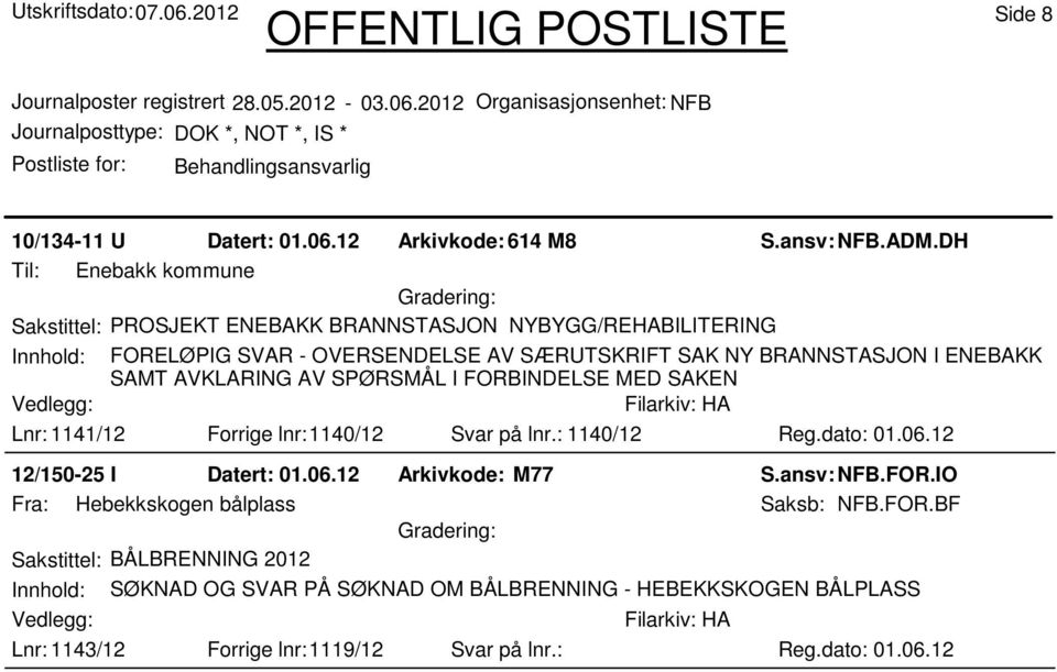 BRANNSTASJON I ENEBAKK SAMT AVKLARING AV SPØRSMÅL I FORBINDELSE MED SAKEN Lnr: 1141/12 Forrige lnr:1140/12 Svar på lnr.: 1140/12 Reg.dato: 01.06.