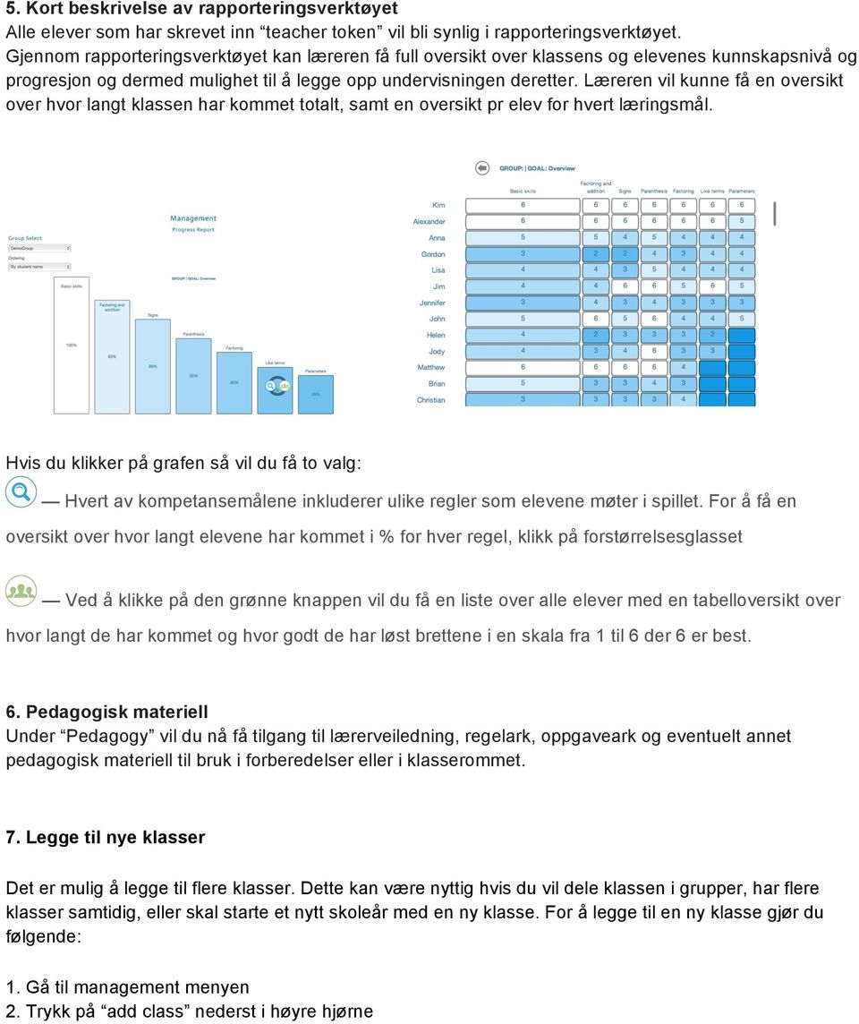 Læreren vil kunne få en oversikt over hvor langt klassen har kommet totalt, samt en oversikt pr elev for hvert læringsmål.