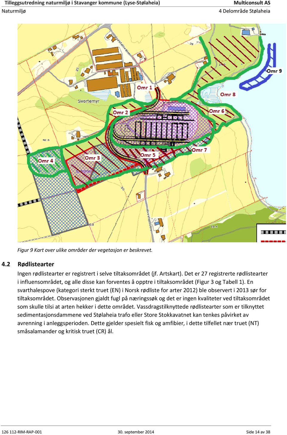 En svarthalespove (kategori sterkt truet (EN) i Norsk rødliste for arter 2012) ble observert i 2013 sør for tiltaksområdet.