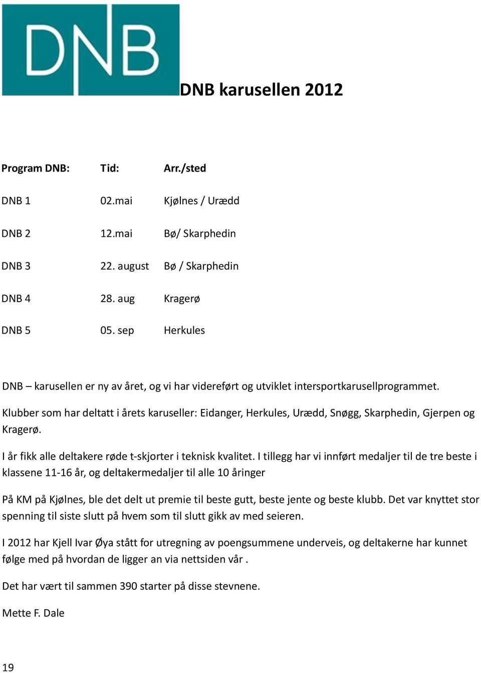 Klubber som har deltatt i årets karuseller: Eidanger, Herkules, Urædd, Snøgg, Skarphedin, Gjerpen og Kragerø. I år fikk alle deltakere røde t-skjorter i teknisk kvalitet.