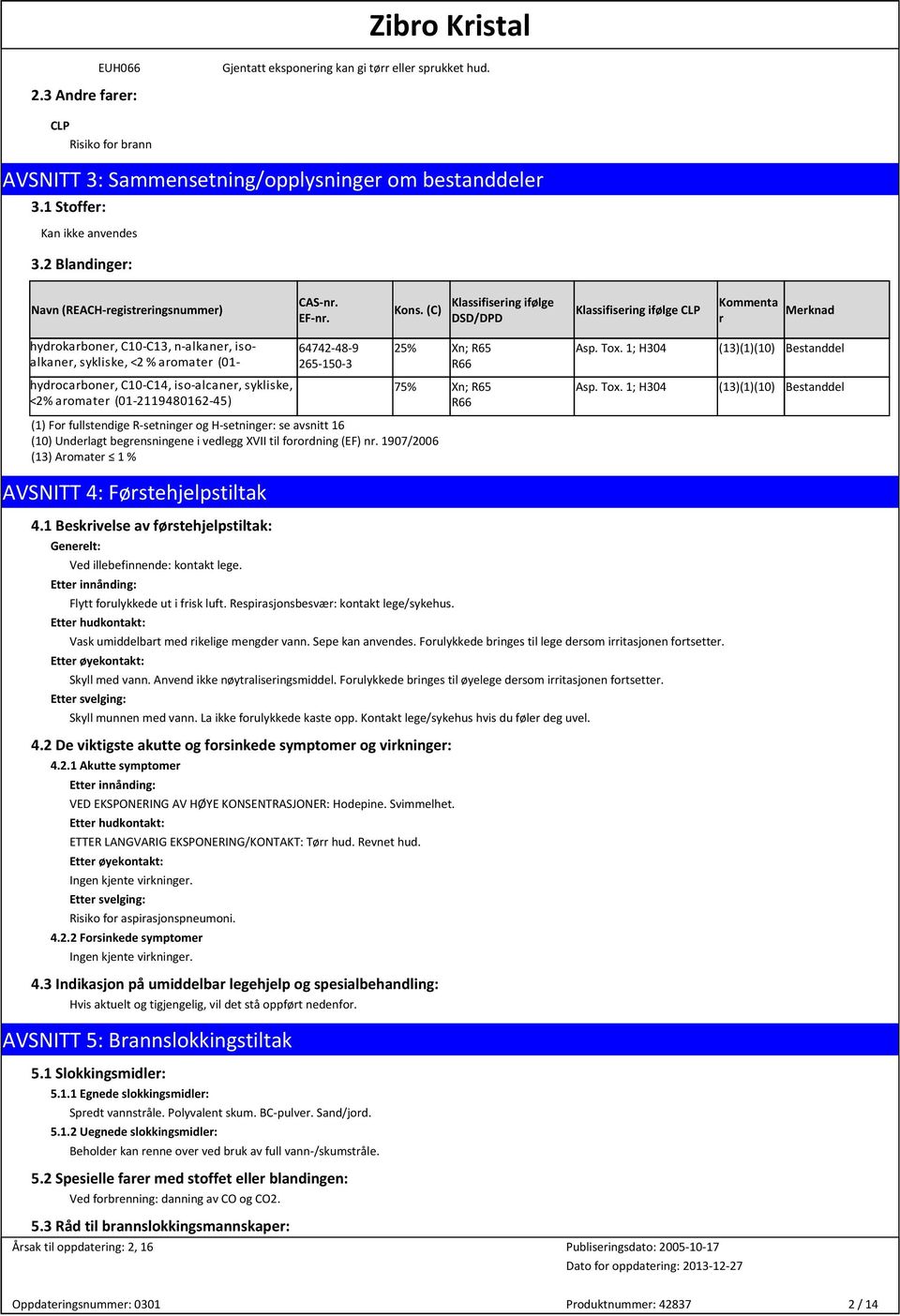 (C) Klassifiring ifølge DSD/DPD Klassifiring ifølge CLP Kommenta r Merknad hydrokarboner, C10-C13, n-alkaner, isoalkaner, sykliske, <2 % aromater (01- hydrocarboner, C10-C14, iso-alcaner, sykliske,