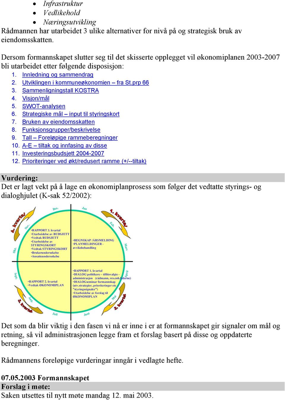 Utviklingen i kommuneøkonomien fra St.prp 66 3. Sammenligningstall KOSTRA 4. Visjon/mål 5. SWOT-analysen 6. Strategiske mål input til styringskort 7. Bruken av eiendomsskatten 8.