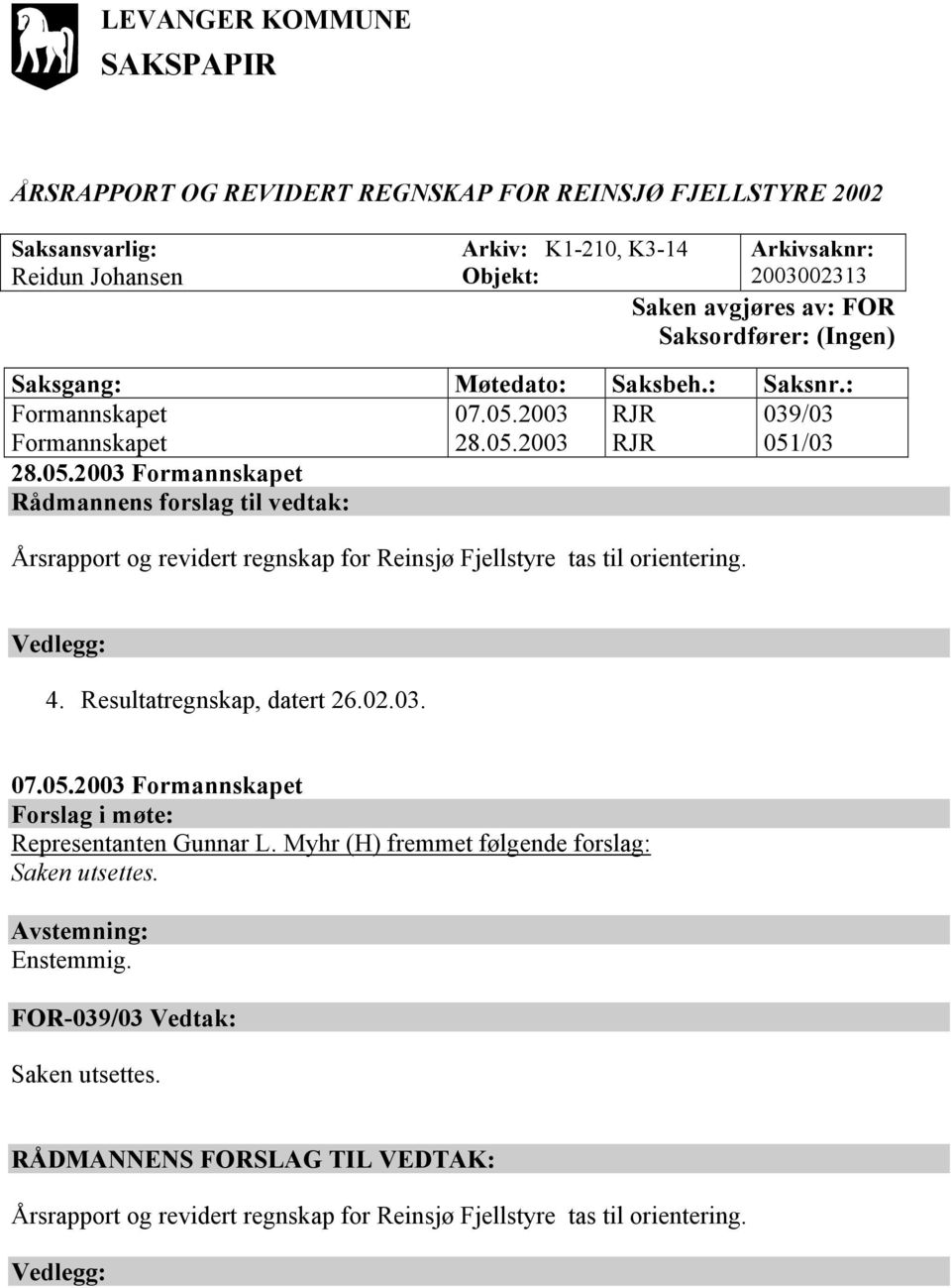 2003 RJR 039/03 Formannskapet 28.05.2003 RJR 051/03 28.05.2003 Formannskapet Rådmannens forslag til vedtak: Årsrapport og revidert regnskap for Reinsjø Fjellstyre tas til orientering. Vedlegg: 4.