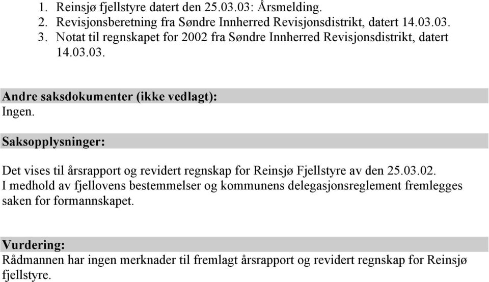 Saksopplysninger: Det vises til årsrapport og revidert regnskap for Reinsjø Fjellstyre av den 25.03.02.