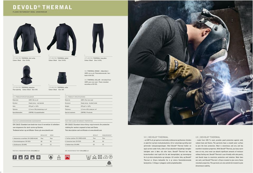 177-910 950 Thermal balaclava Face opening colour: Black Size: O/S 175-800 950 Thermal collar Size: O/S GB Thermal Collar - rib knitted from 100% pure new wool. Flame retardant according to EN 531.