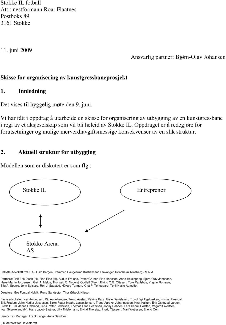 Vi har fått i oppdrag å utarbeide en skisse for organisering av utbygging av en kunstgressbane i regi av et aksjeselskap som vil bli heleid av Stokke IL.