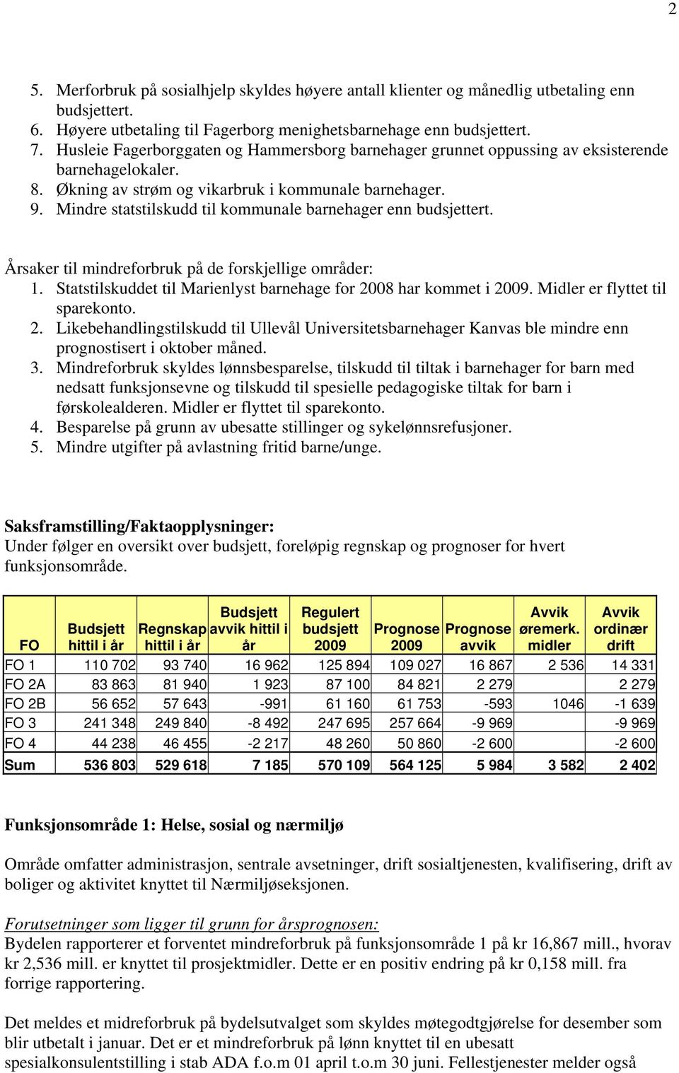 Mindre statstilskudd til kommunale barnehager enn budsjettert. Årsaker til mindreforbruk på de forskjellige områder: 1. Statstilskuddet til Marienlyst barnehage for 2008 har kommet i 2009.