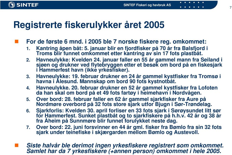 januar faller en 55 år gammel mann fra Seiland i sjøen og drukner ved flytebryggen etter et besøk om bord på en fiskesjark i Hammerfest havn (ikke yrkesfisker). 3. Havneulykke: 19.