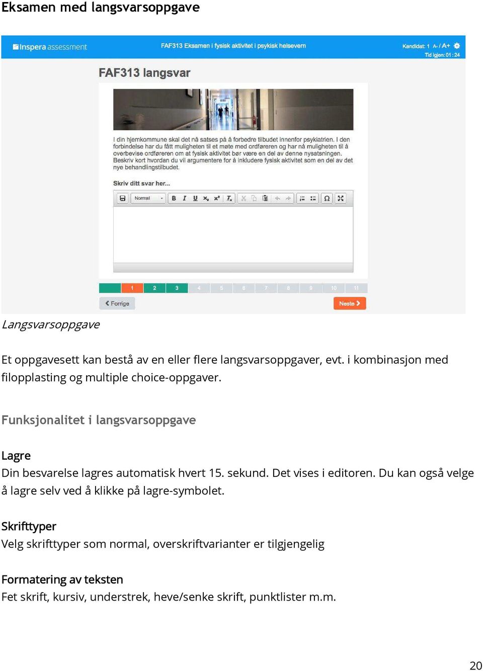 Funksjonalitet i langsvarsoppgave Lagre Din besvarelse lagres automatisk hvert 15. sekund. Det vises i editoren.