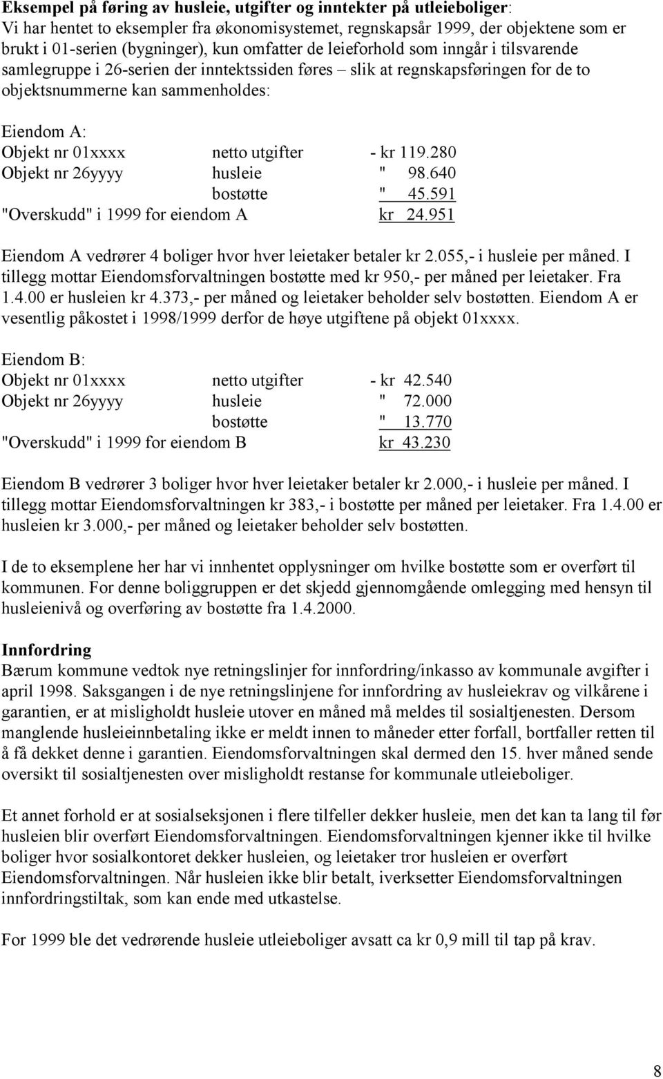 netto utgifter - kr 119.280 Objekt nr 26yyyy husleie " 98.640 bostøtte " 45.591 "Overskudd" i 1999 for eiendom A kr 24.951 Eiendom A vedrører 4 boliger hvor hver leietaker betaler kr 2.