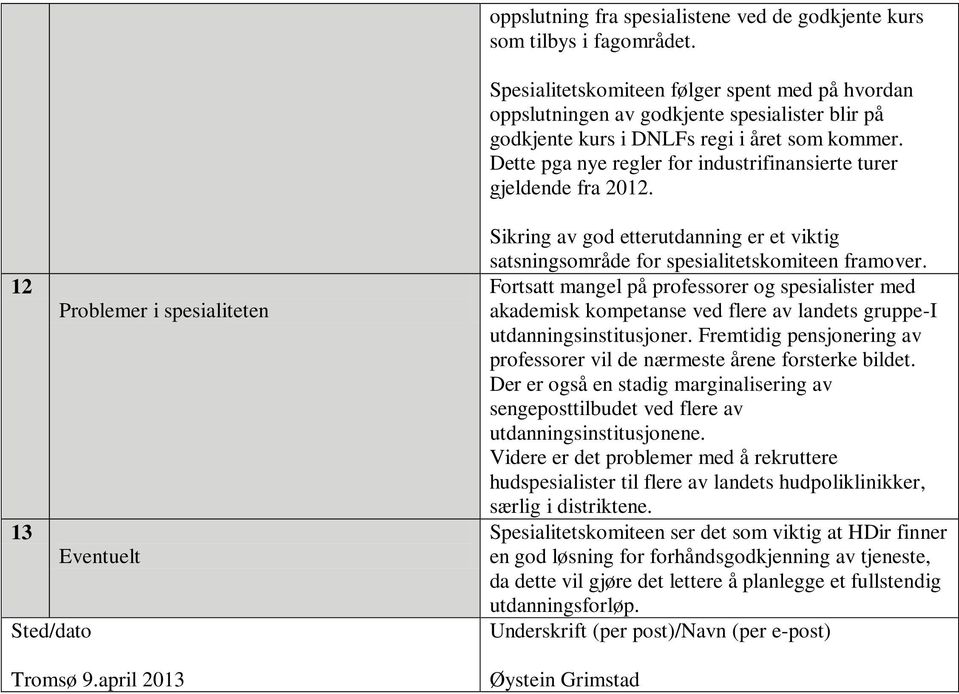 Dette pga nye regler for industrifinansierte turer gjeldende fra 2012. 12 Problemer i spesialiteten 13 Eventuelt Sted/dato Tromsø 9.