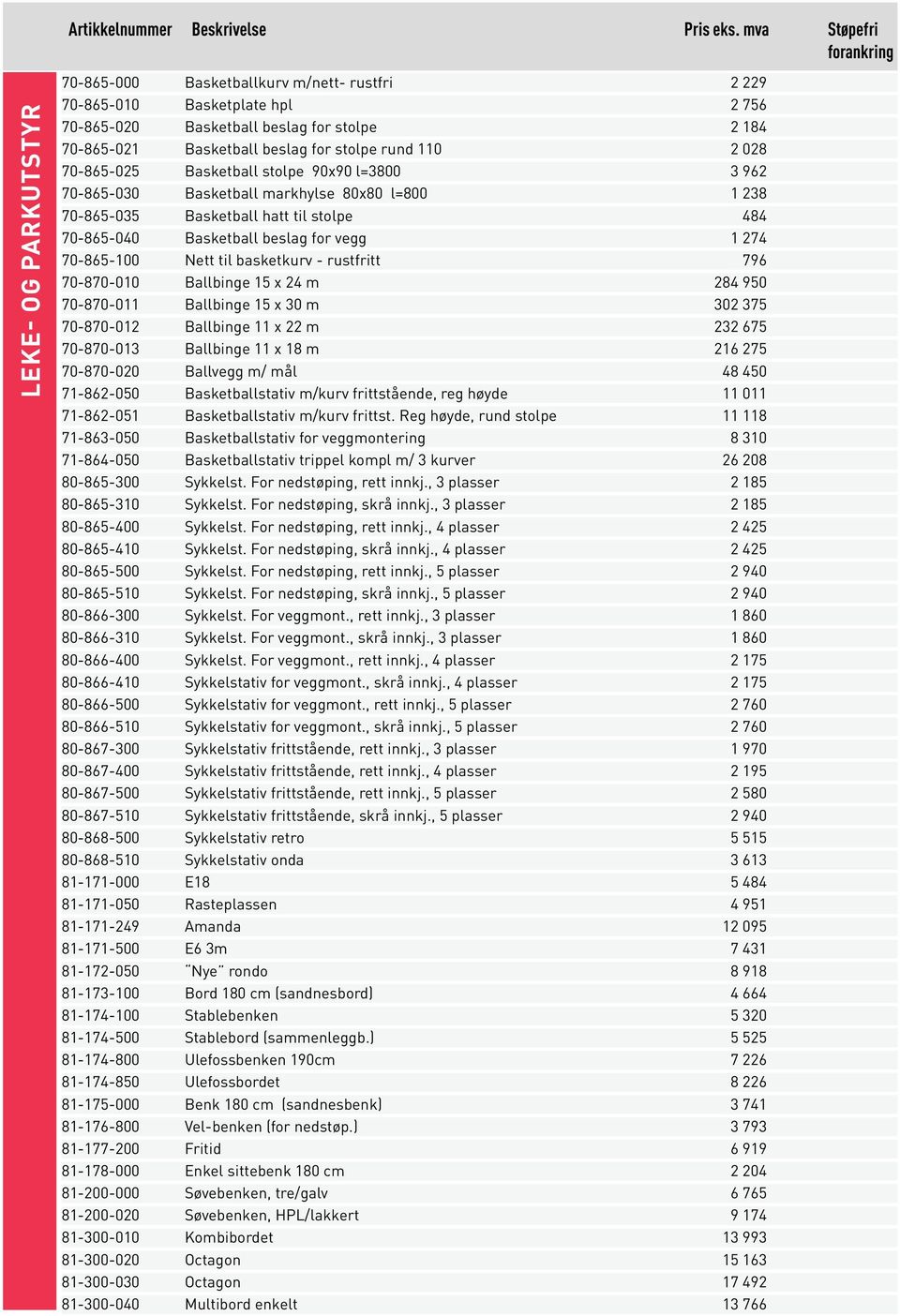 70-865-025 Basketball stolpe 90x90 l=3800 3 962 70-865-030 Basketball markhylse 80x80 l=800 1 238 70-865-035 Basketball hatt til stolpe 484 70-865-040 Basketball beslag for vegg 1 274 70-865-100 Nett