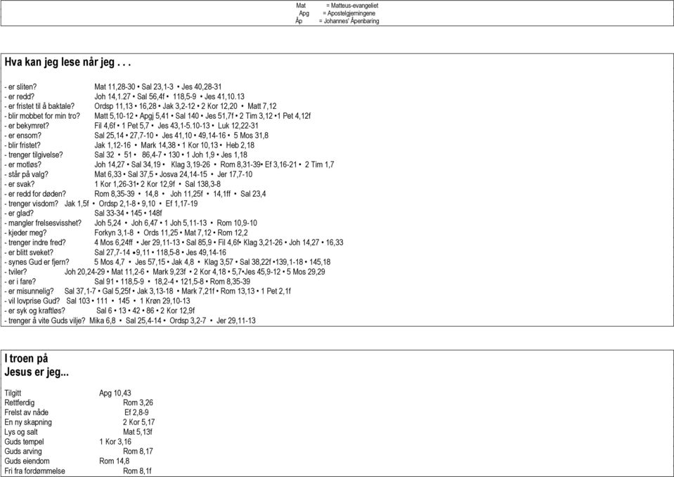 Matt 5,10-12 Apgj 5,41 Sal 140 Jes 51,7f 2 Tim 3,12 1 Pet 4,12f - er bekymret? Fil 4,6f 1 Pet 5,7 Jes 43,1-5.10-13 Luk 12,22-31 - er ensom?